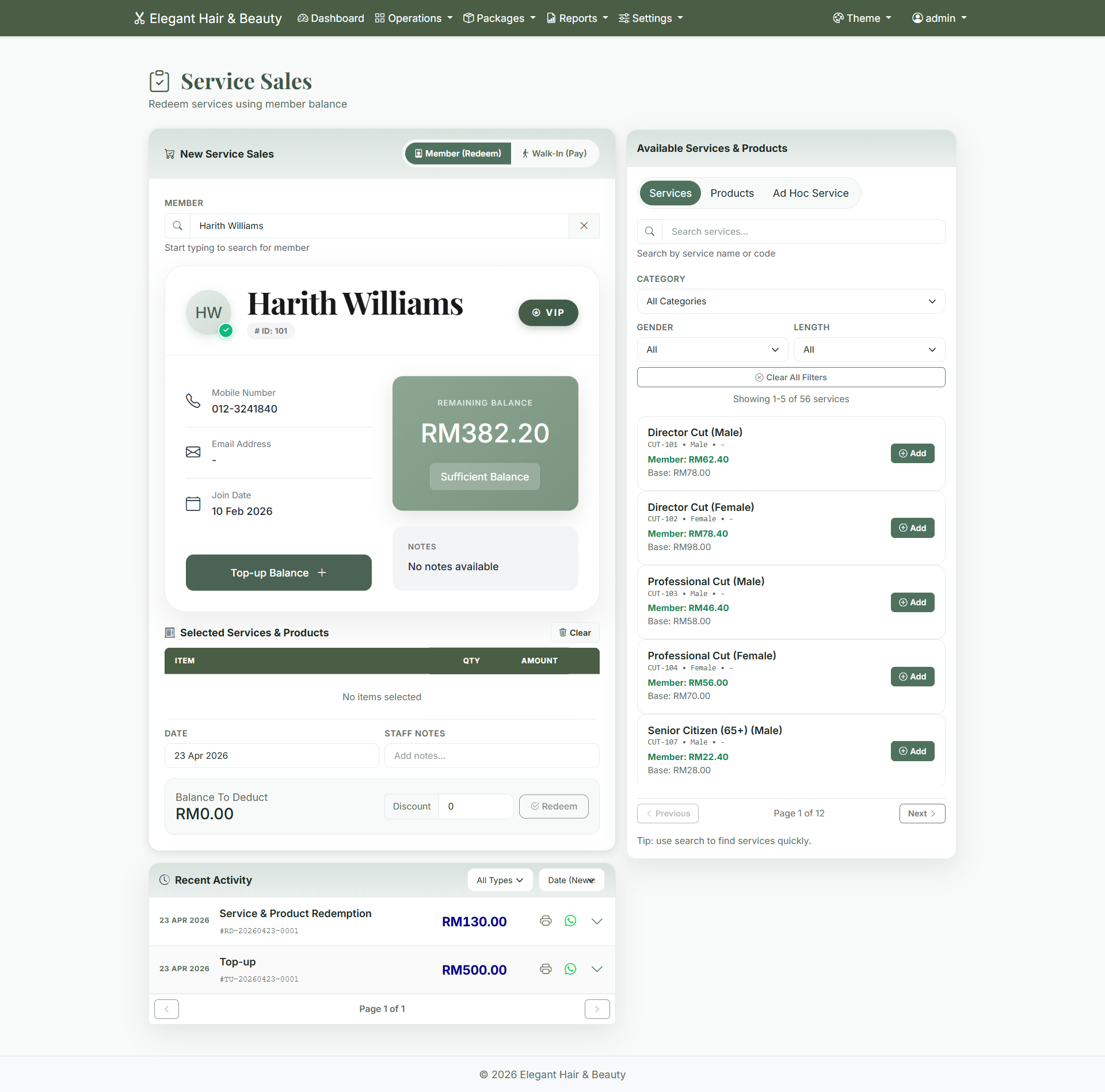 Service sales and point of sale