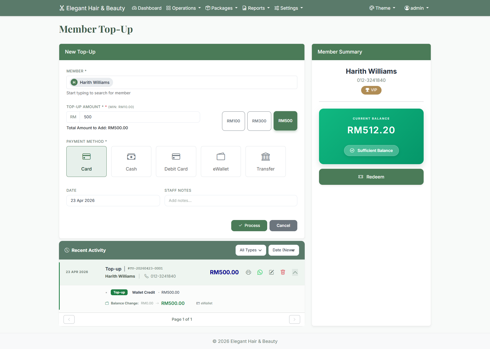 Member wallet top-up